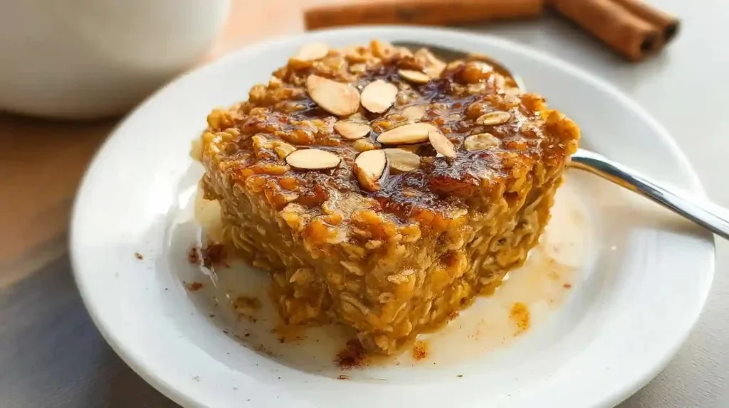 Delicious pumpkin baked oatmeal served in a bowl with a sprinkle of cinnamon.