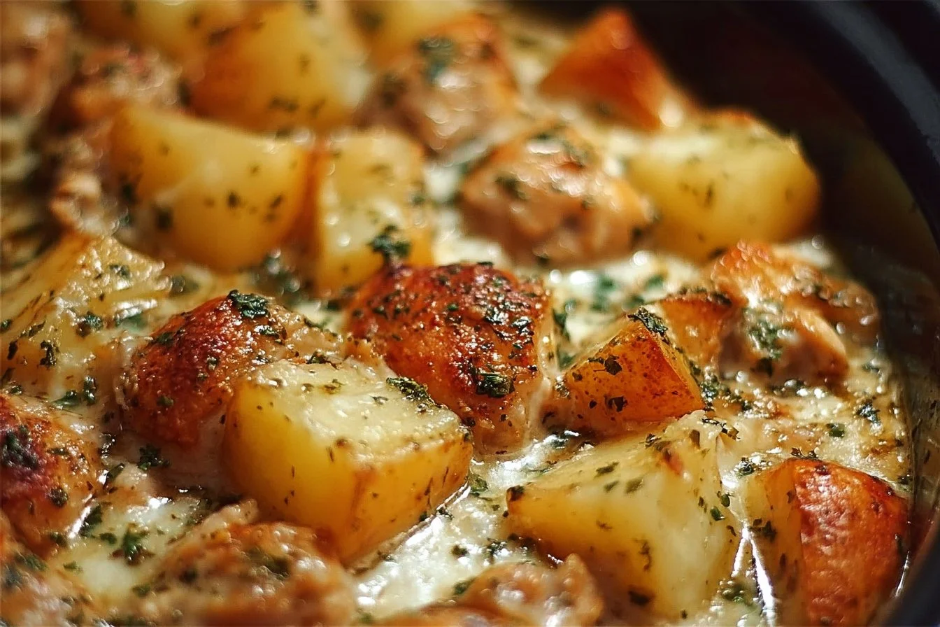 Garlic Parmesan Chicken and Potatoes in a crockpot