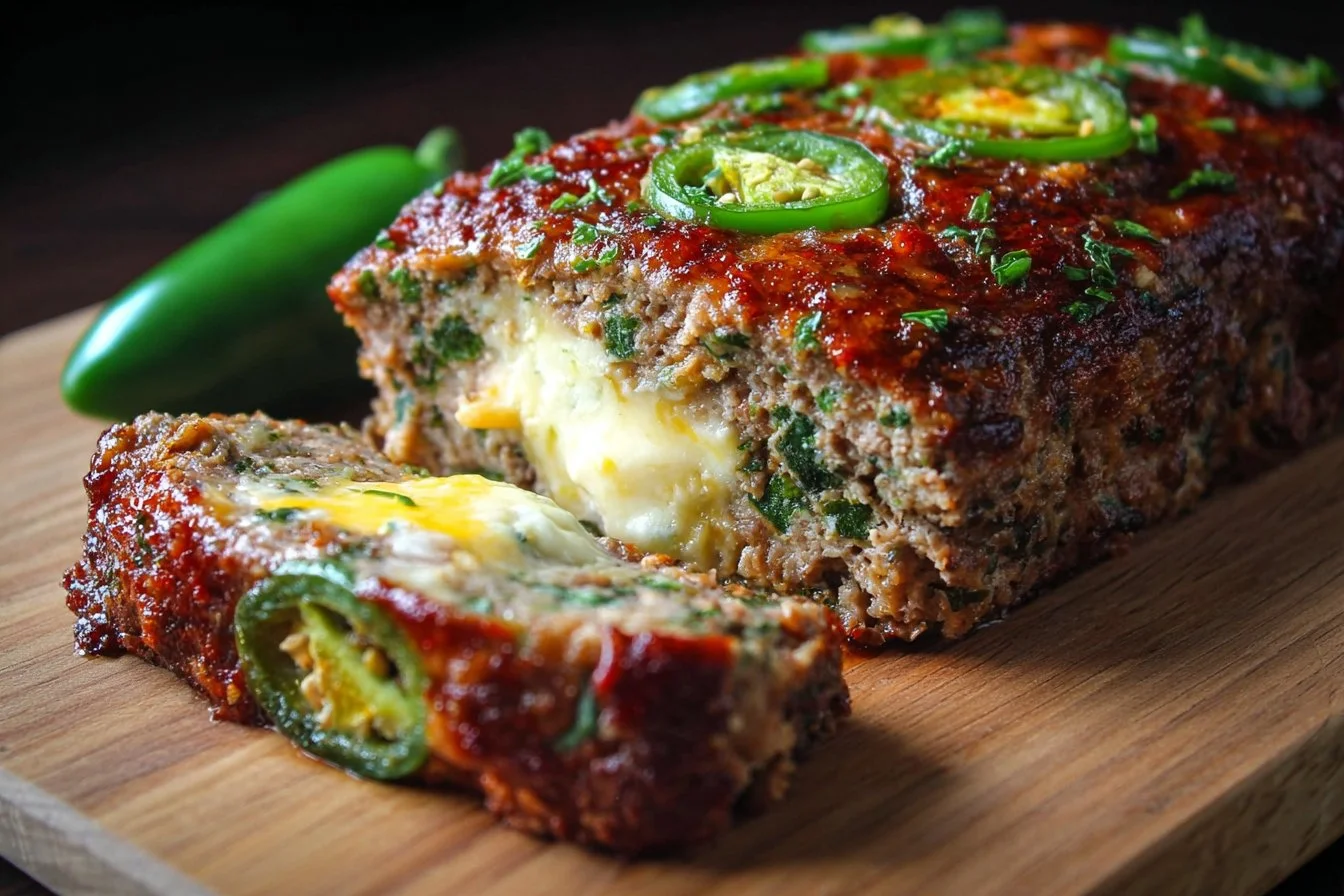 Jalapeño Popper Meatloaf garnished with jalapeños and cheese