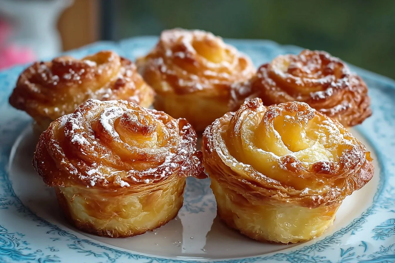 Freshly baked Peach Pie Cruffins on a plate, showcasing a golden-brown pastry filled with peach pie filling.