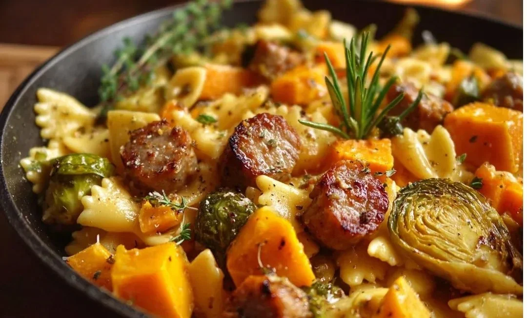 Delicious autumn sausage pasta with squash garnished for a hearty meal.
