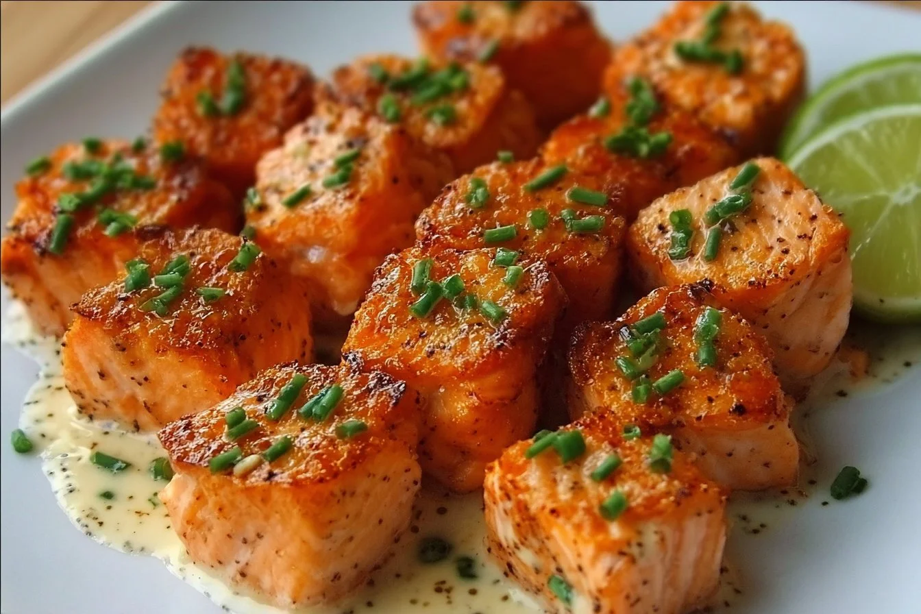 Bang Bang Salmon Bites served on a plate, garnished with fresh herbs
