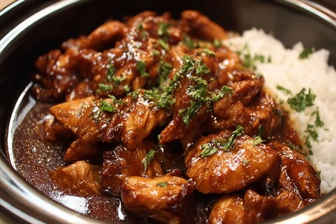 Delicious Bourbon Chicken served with steamed rice and vegetables