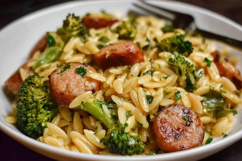 Plate of chicken sausage and broccoli orzo, garnished and ready to serve.