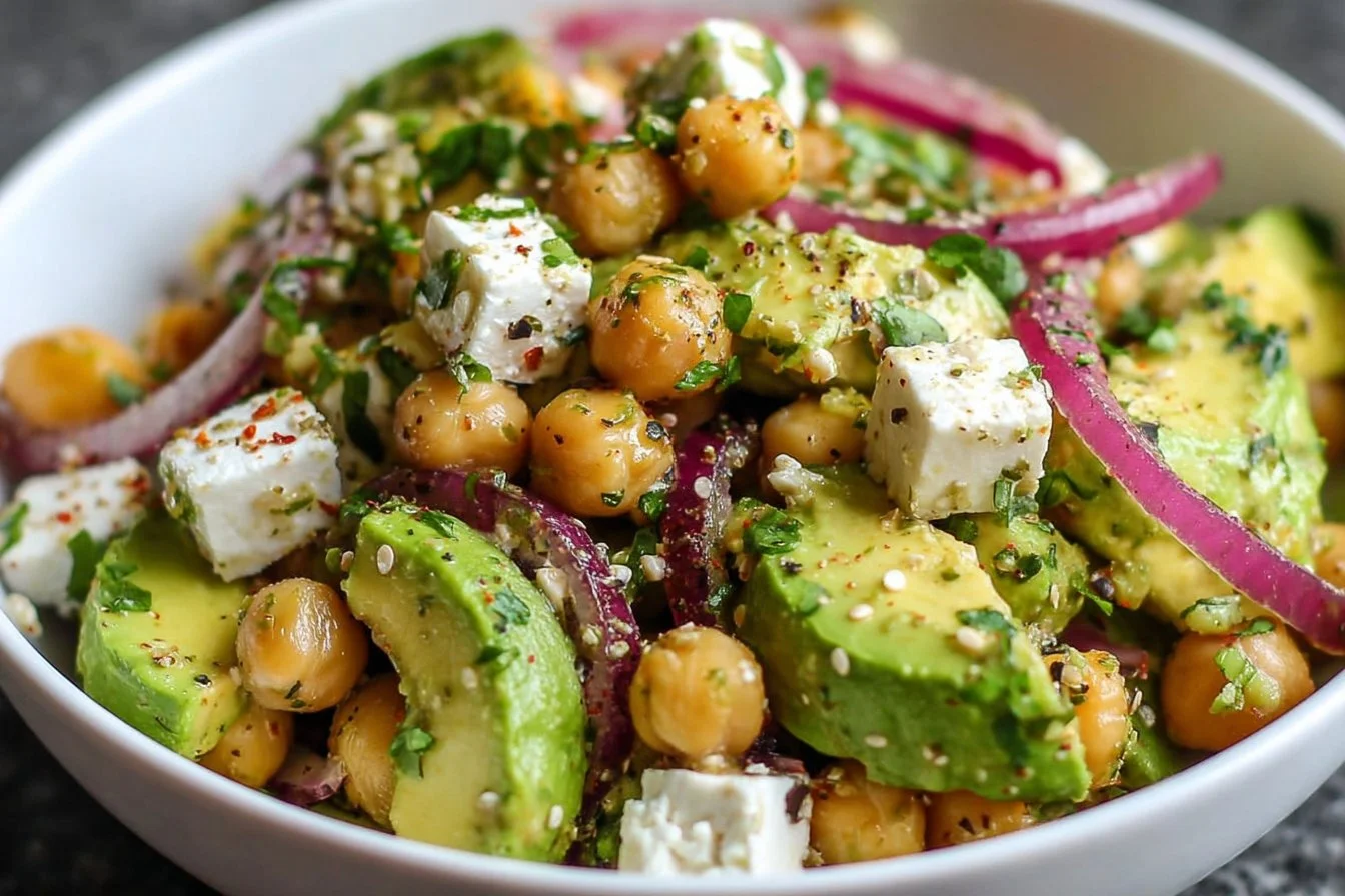 Chickpea salad with feta and avocado served in a bowl