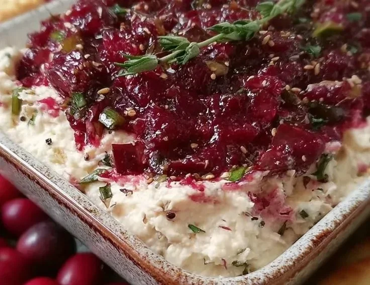 Christmas Cranberry Jalapeno Dip served in a festive bowl with crackers.
