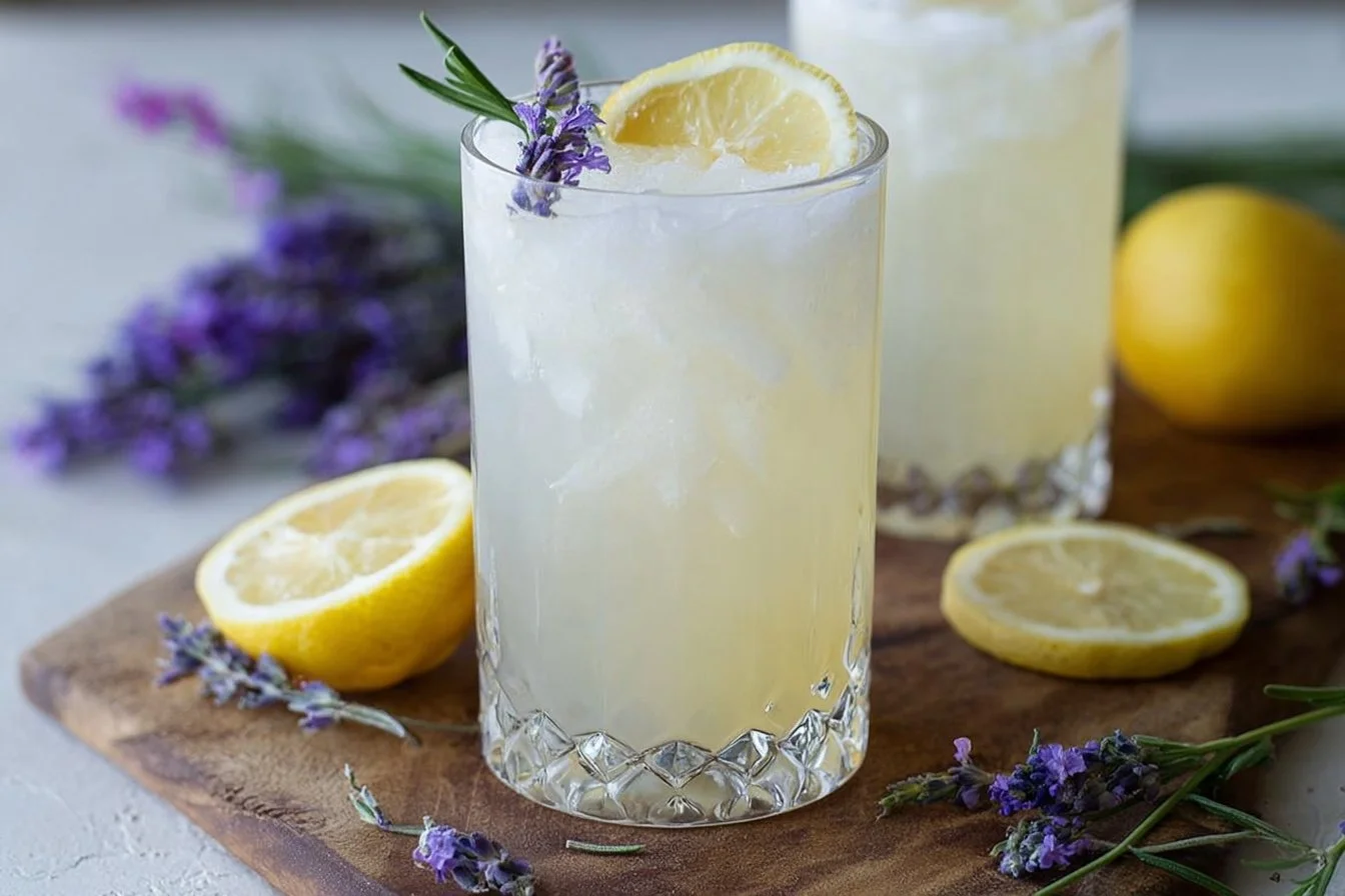 Coconut Lavender Lemonade Mocktail served in a glass with fresh ingredients