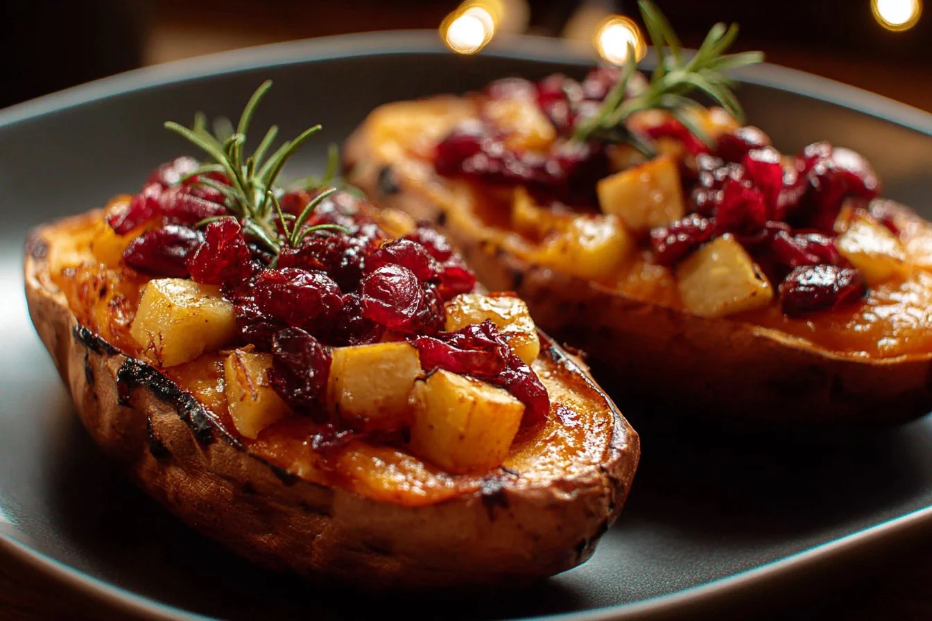 Cranberry Apple Twice-Baked Sweet Potatoes garnished and plated.