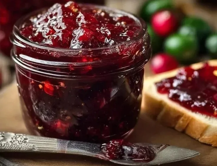 Jars of delicious homemade Cranberry Jalapeño Jam on a wooden table