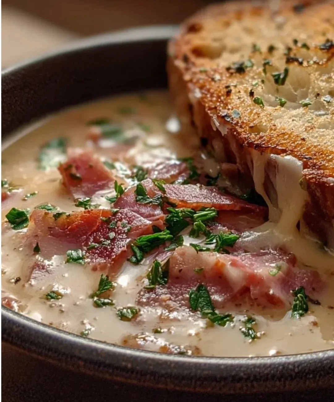 Bowl of creamy Reuben soup with corned beef and sauerkraut