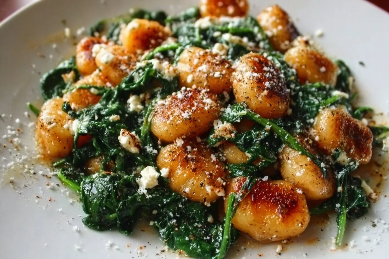 Plate of crispy gnocchi with spinach and feta cheese