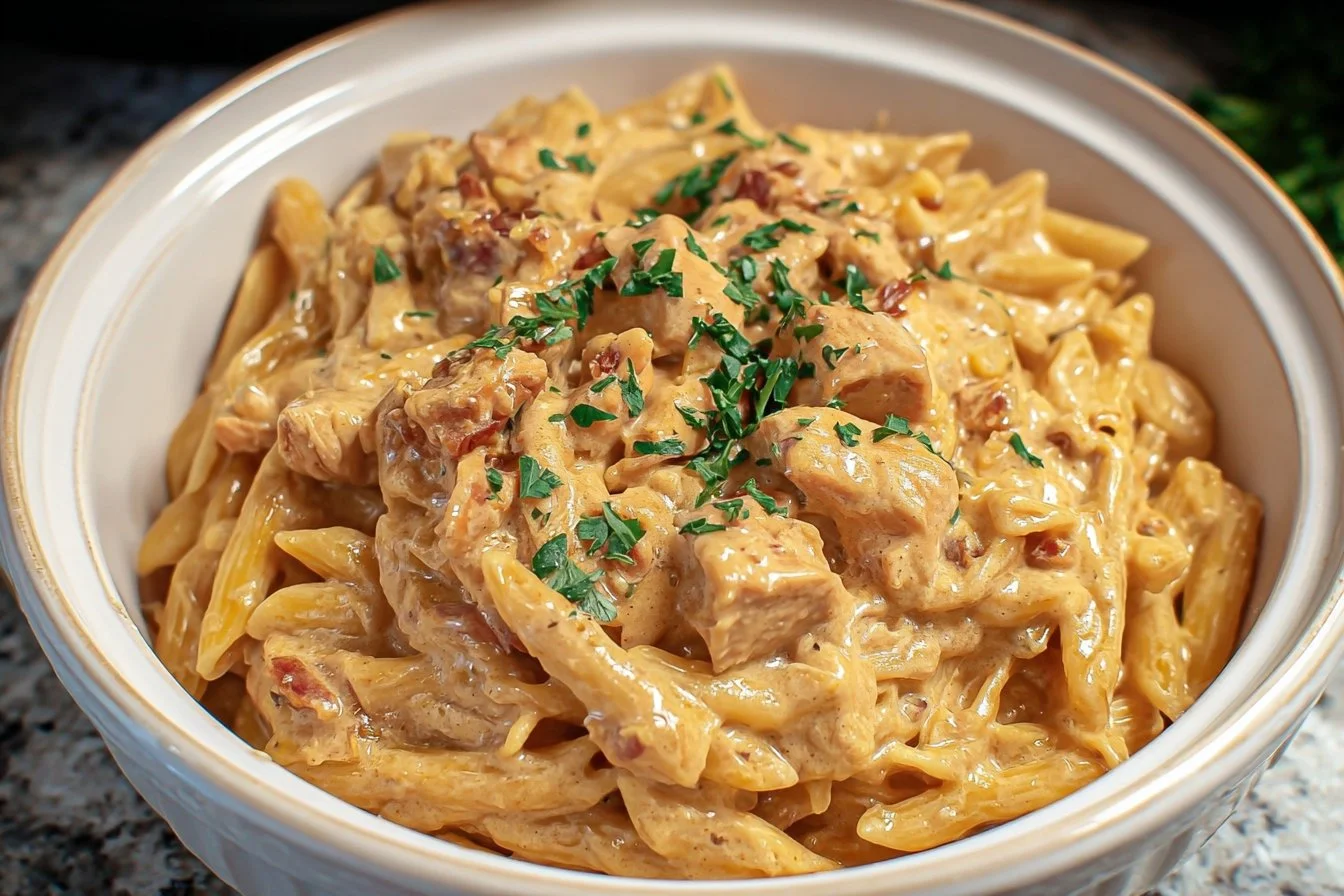 Creamy Cajun Chicken Pasta made in a crock pot with vibrant spices and chicken