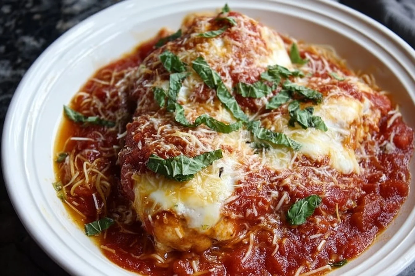 Crockpot Chicken Parmesan served with pasta and garnished with basil
