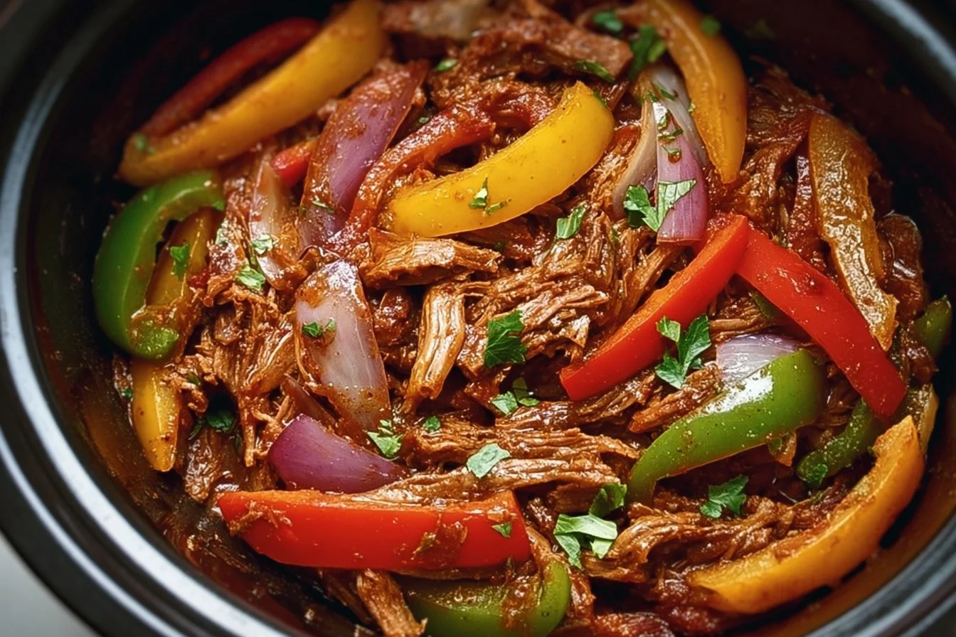 Delicious Crockpot Fajitas with colorful bell peppers and seasonings.