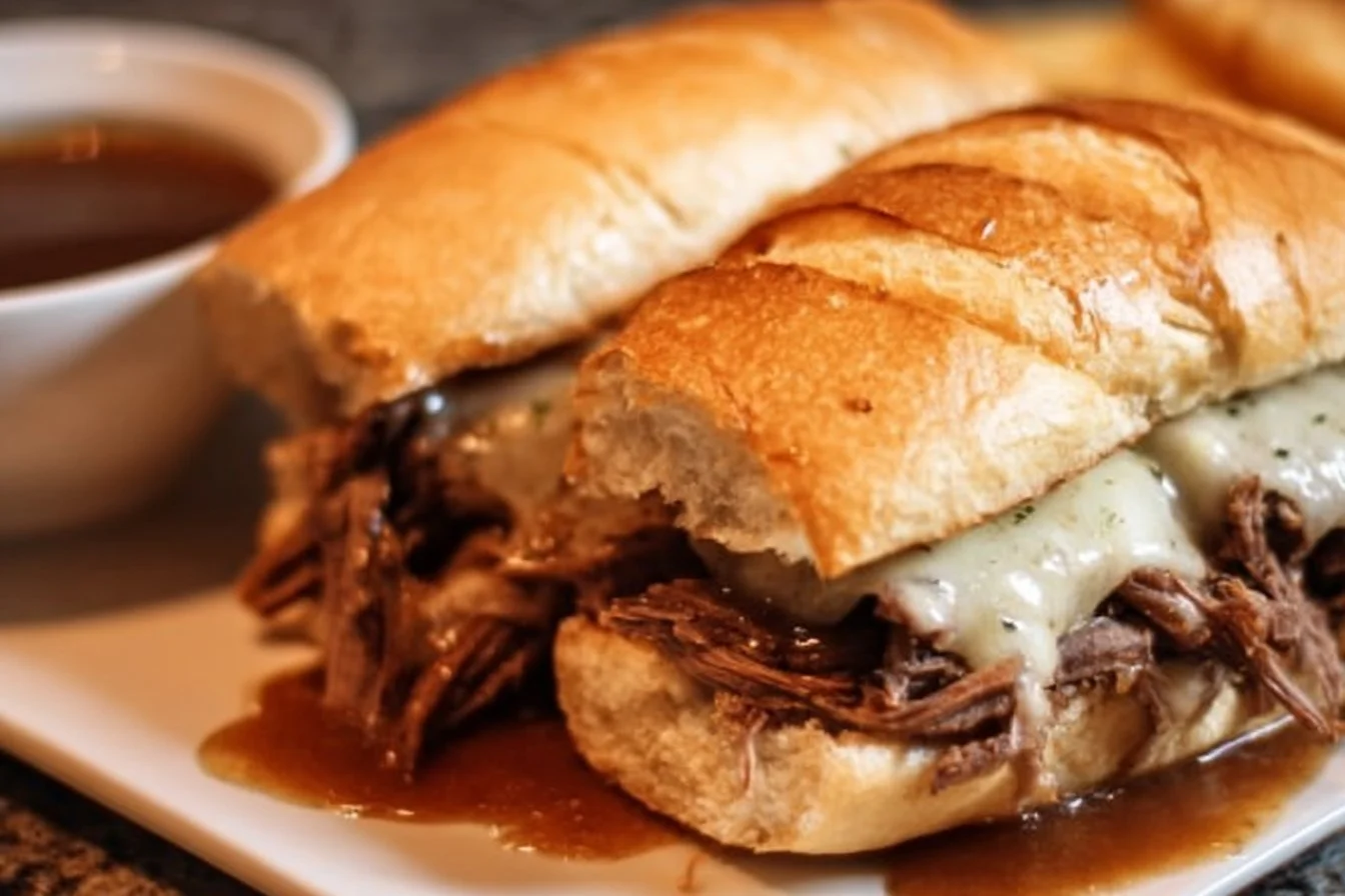 Crockpot French Dip Sandwiches served with dipping sauce