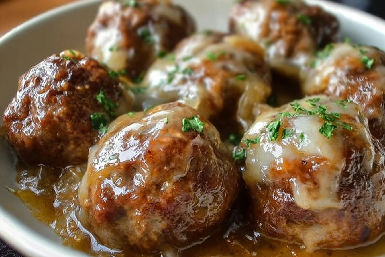 Delicious Crockpot French Onion Meatballs served with melted cheese