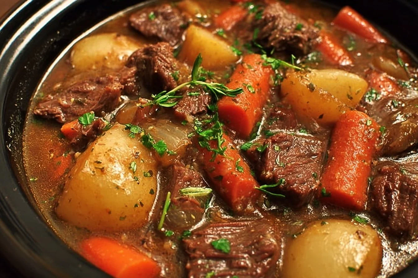 Bowl of Easy Crock Pot Beef Stew with vegetables and herbs