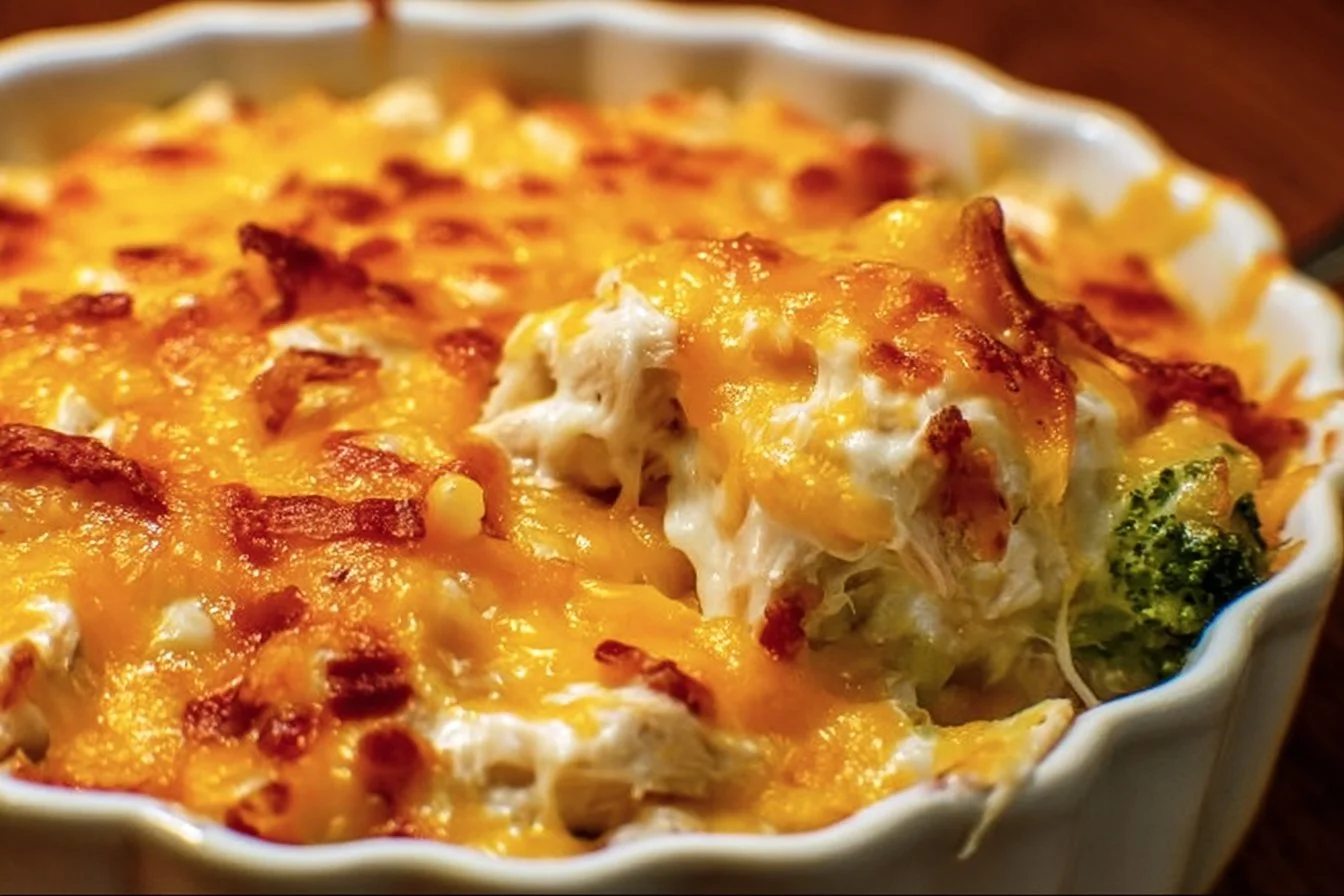 Delicious low carb chicken casserole dish with vegetables and cheese