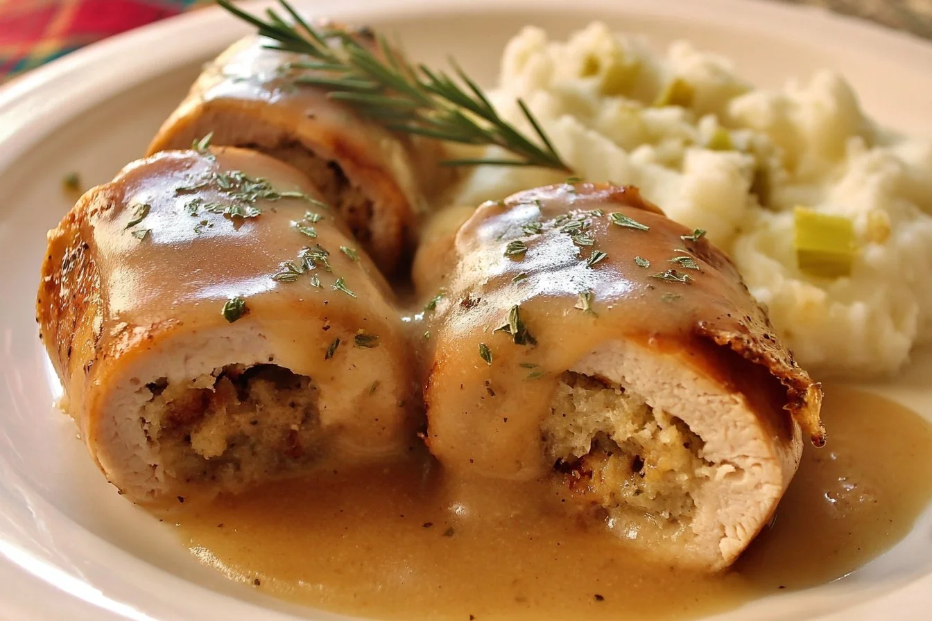 Easy Turkey Roll Ups with Stuffing and Creamy Gravy for a cozy meal