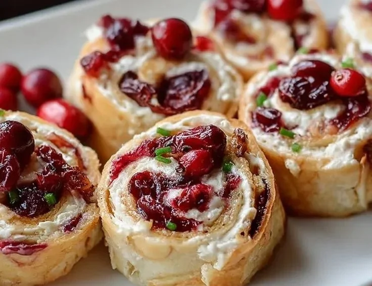 Delicious Christmas Cranberry Roll Ups served on a festive platter