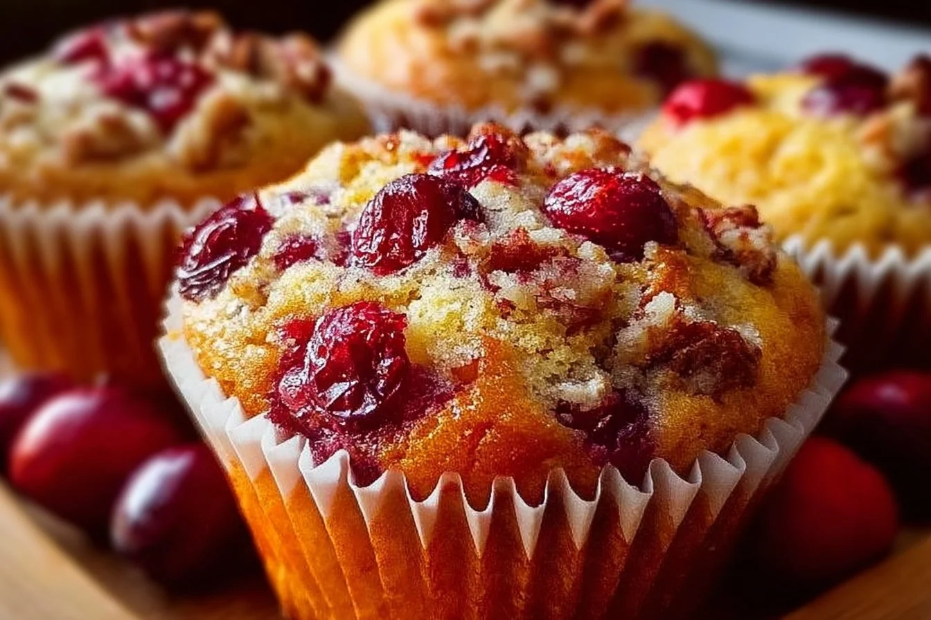 Freshly baked cranberry orange muffins on a cooling rack