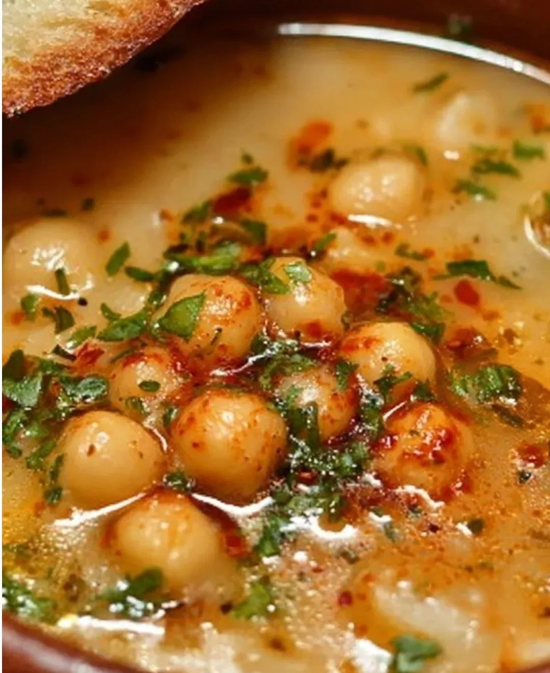 Bowl of Garlic Chickpea Soup garnished with herbs and garlic cloves.