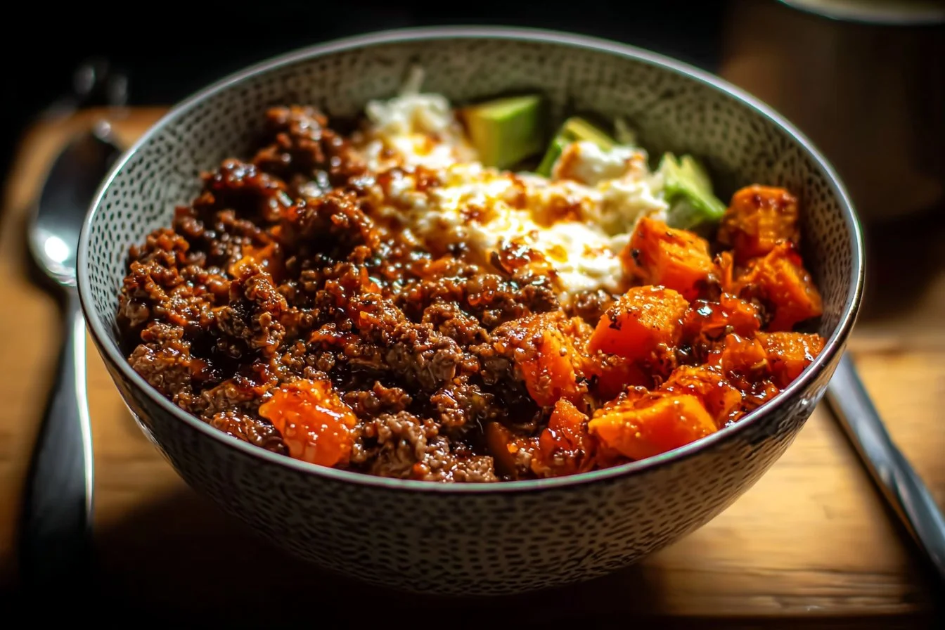 Ground Beef Hot Honey Bowl garnished with fresh herbs and served in a bowl.