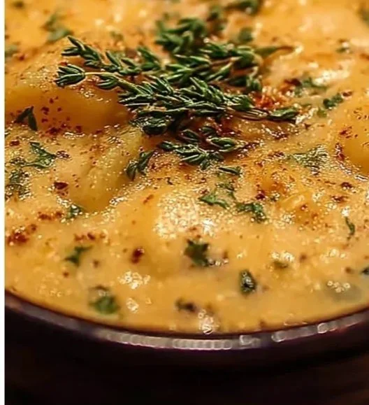Bowl of hearty cheddar garlic herb potato soup garnished with fresh herbs.