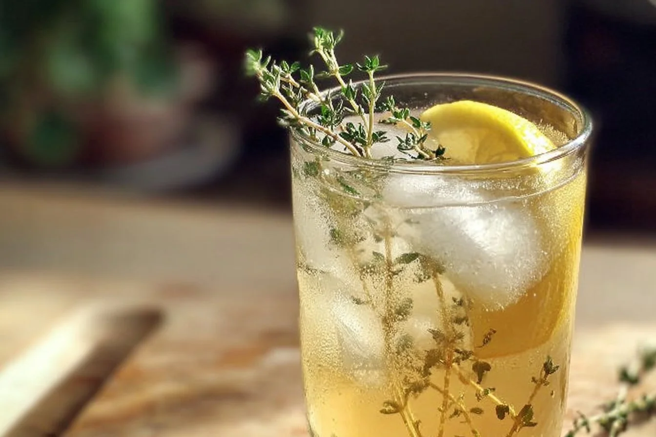 Refreshing Honey Lemon Thyme drink served in a glass with lemon and thyme garnish