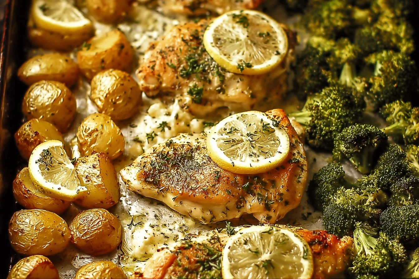 Plate of Lemon Garlic Chicken garnished with herbs and lemon slices.