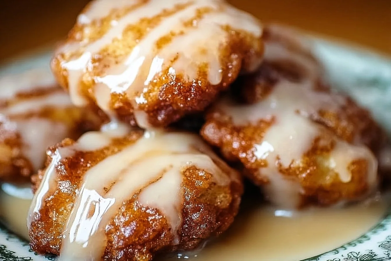 Mini cinnamon-apple fritters drizzled with vanilla glaze on a plate