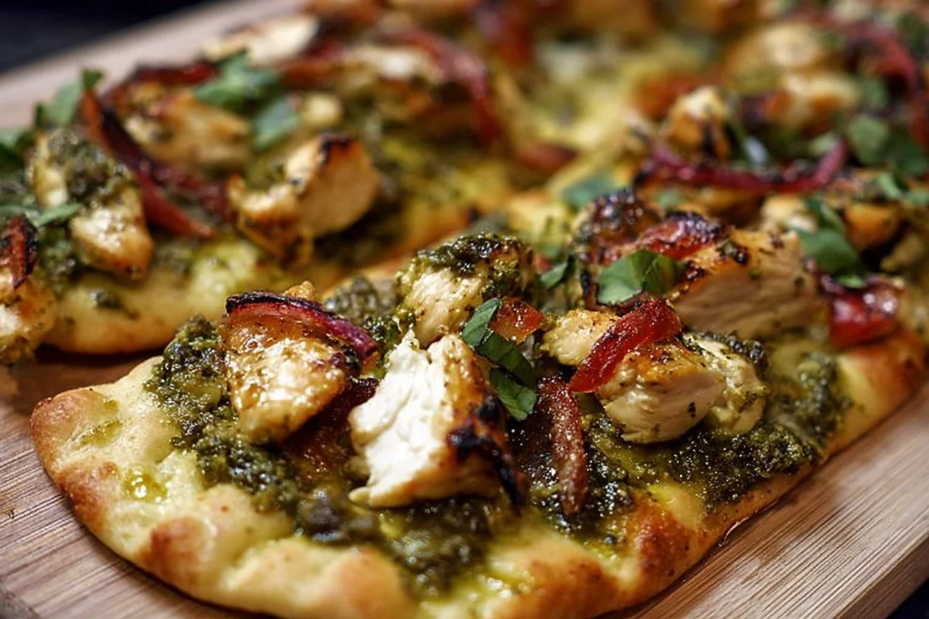 Pesto Chicken Flatbread with fresh ingredients and a crispy crust