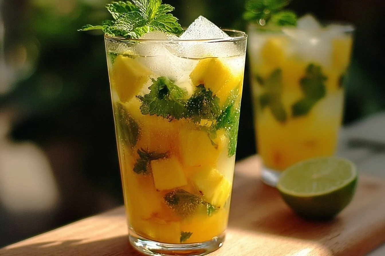 Pineapple Coconut Mojito Mocktail served in a glass with fresh mint and pineapple