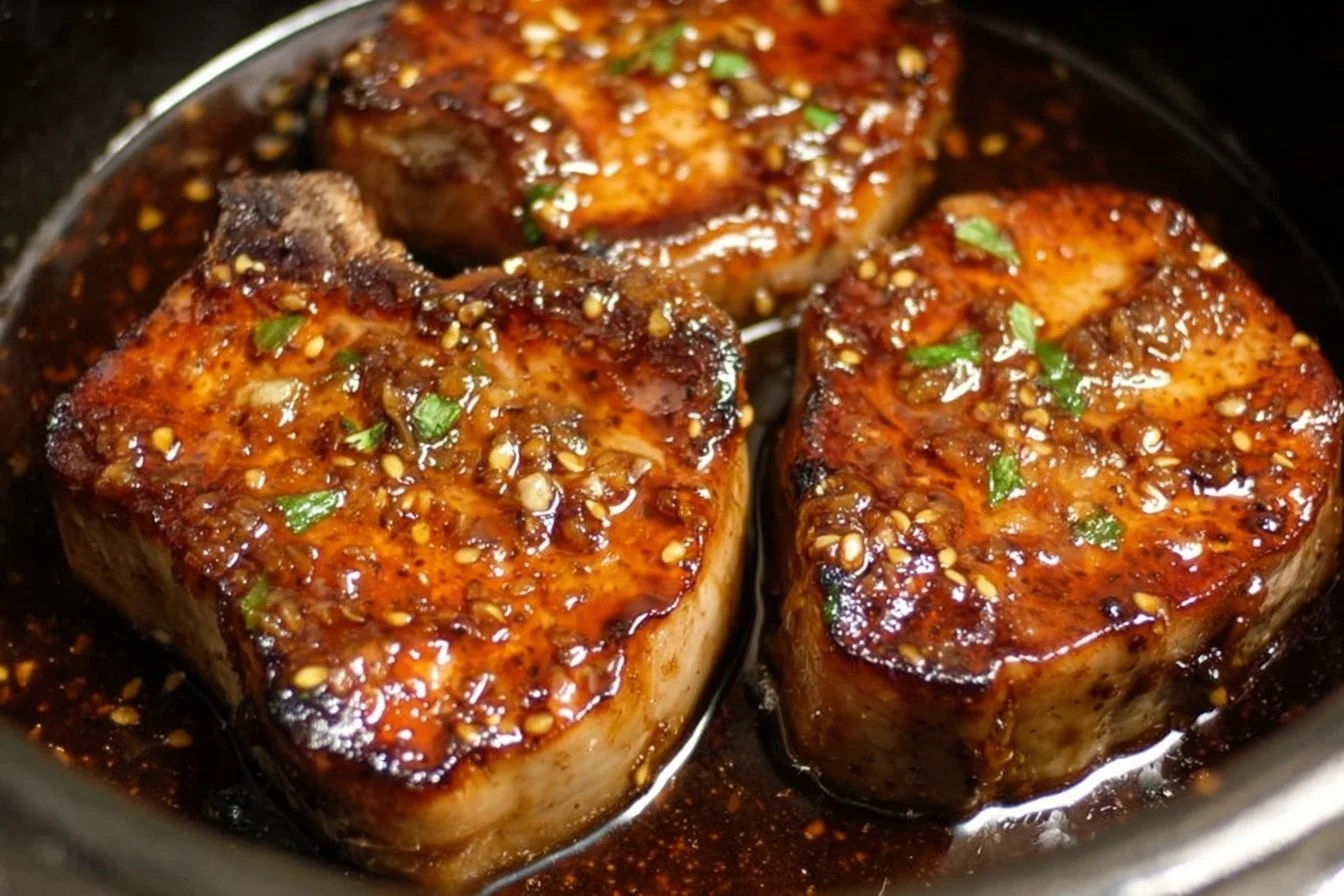 Slow cooker honey garlic pork chops cooked to perfection