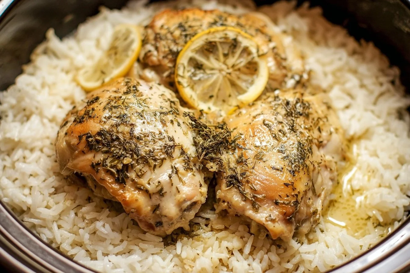 Slow Cooker Lemon Herb Chicken served with fluffy rice on a plate