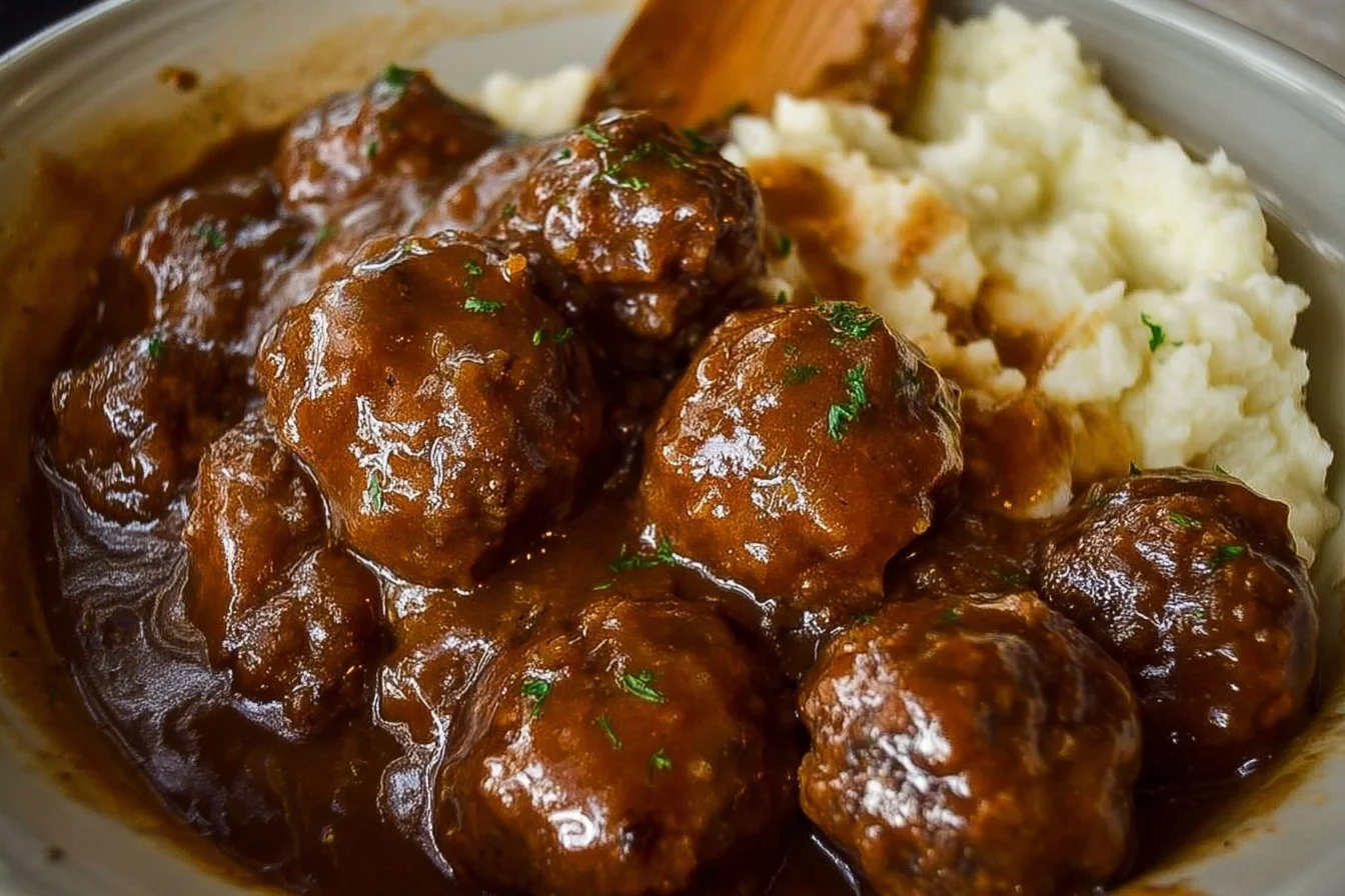 Slow Cooker Salisbury Steak Meatballs served on a plate with gravy and mashed potatoes