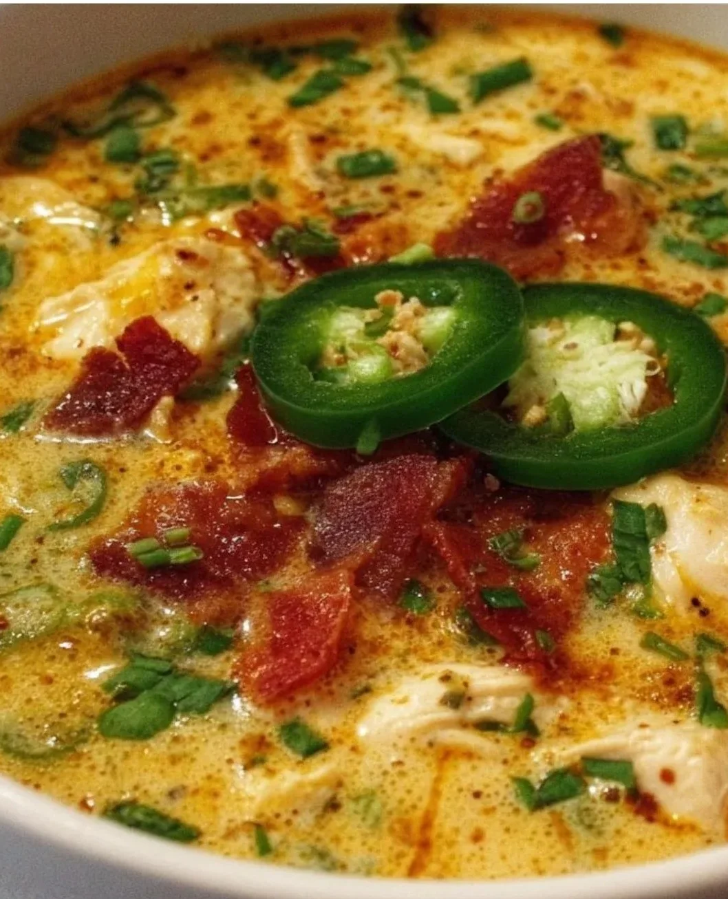 Bowl of spicy jalapeño popper chicken soup garnished with cheese and jalapeños