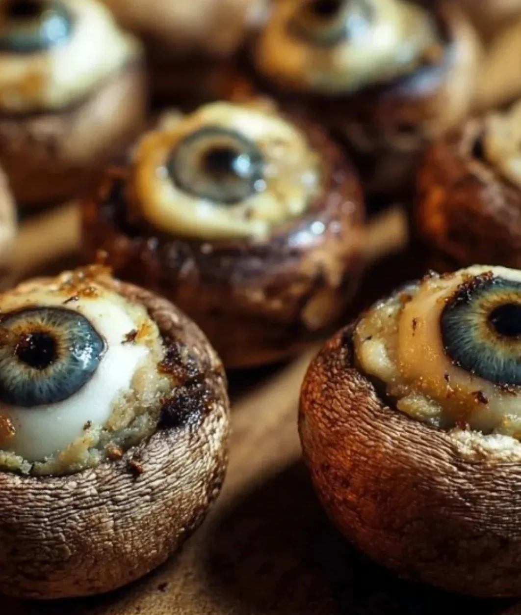Spooky stuffed mushroom eyeballs appetizer for Halloween party