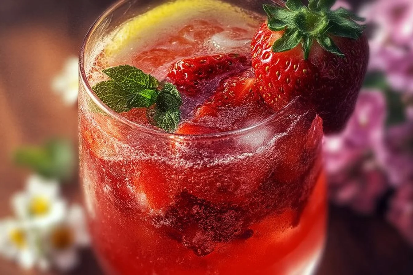 A refreshing Springtime Strawberry Sipper mocktail garnished with fresh strawberries.