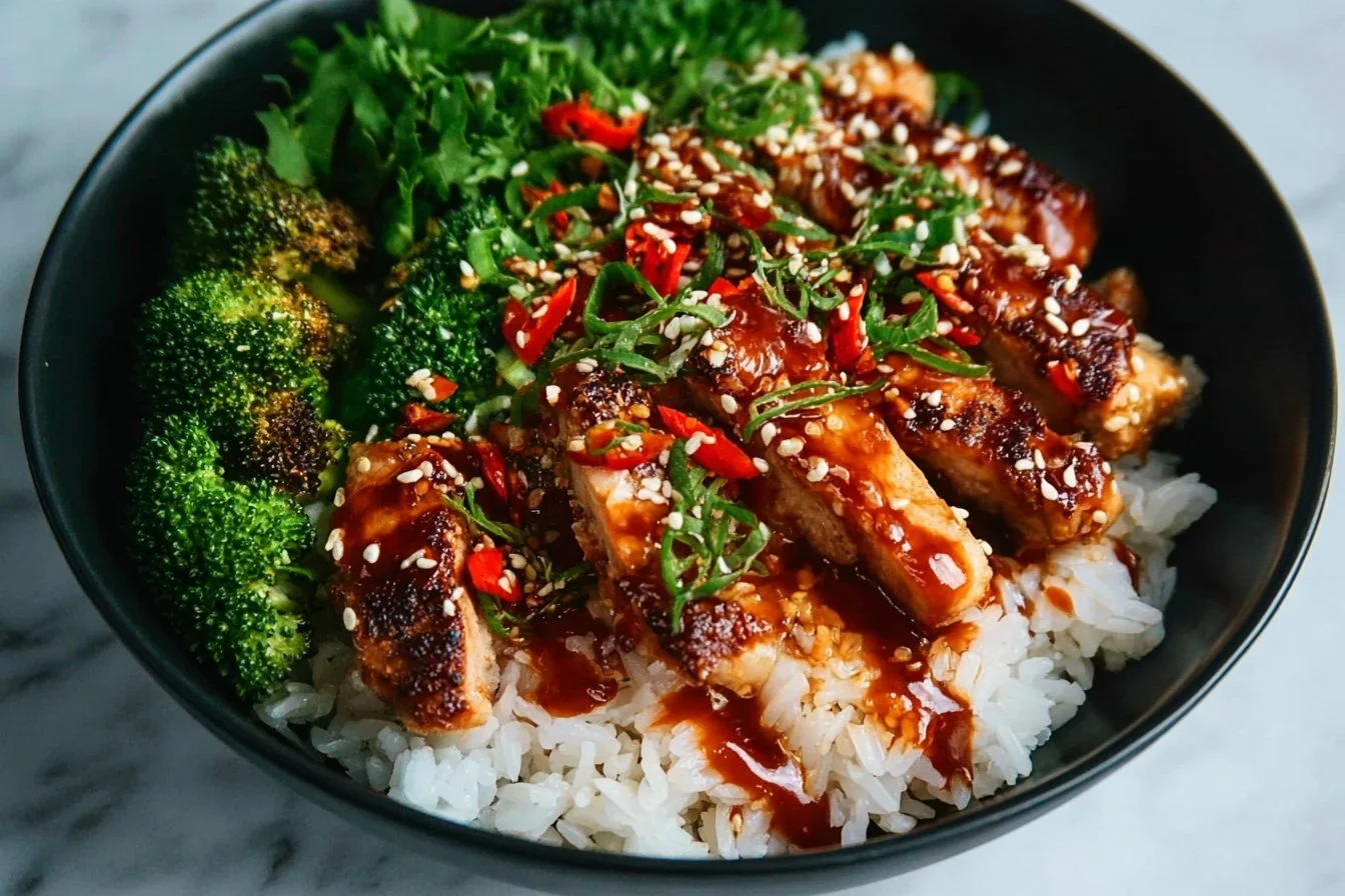 Delicious Sticky Chicken Bowls topped with vegetables and sauce
