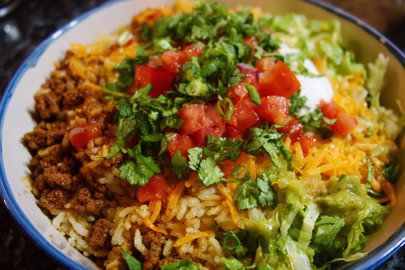 Delicious Taco Rice Bowl with seasoned beef, fresh vegetables, and rice