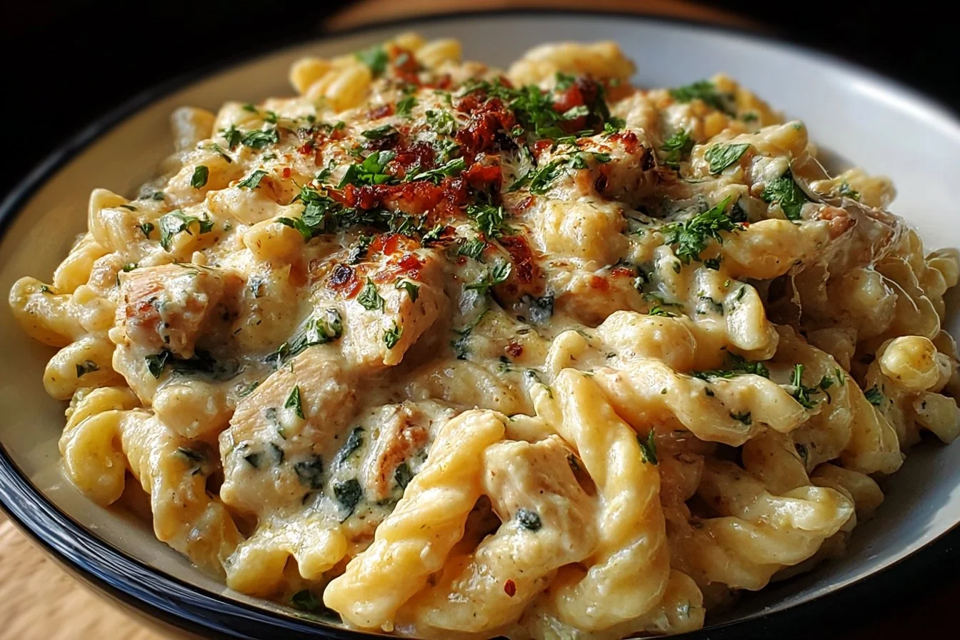 Delicious garlic parmesan chicken pasta served in a bowl with herbs on top.