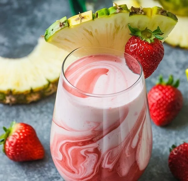 Virgin Strawberry Piña Colada in a glass with fresh strawberries and pineapple.