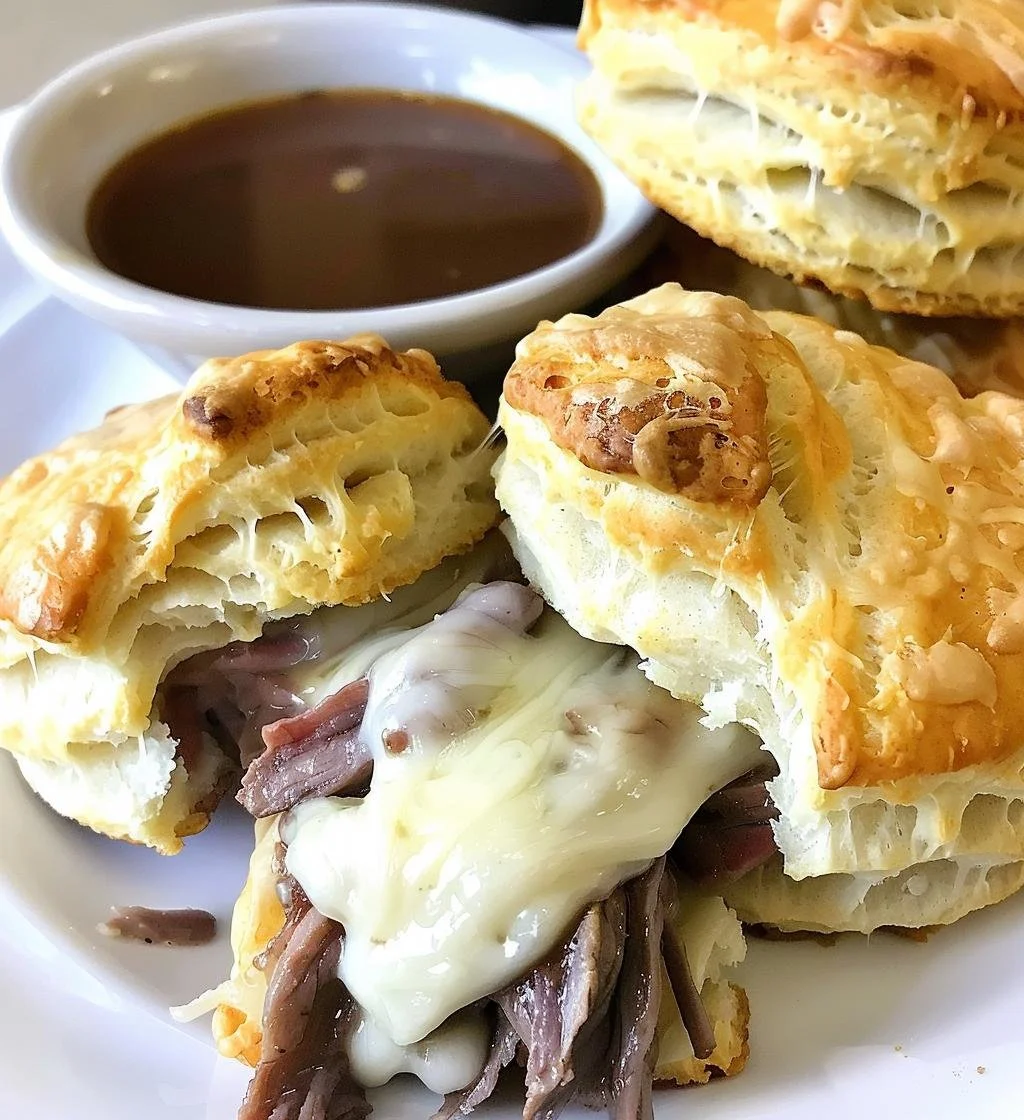 Baked French dip biscuits served with savory dipping sauce.