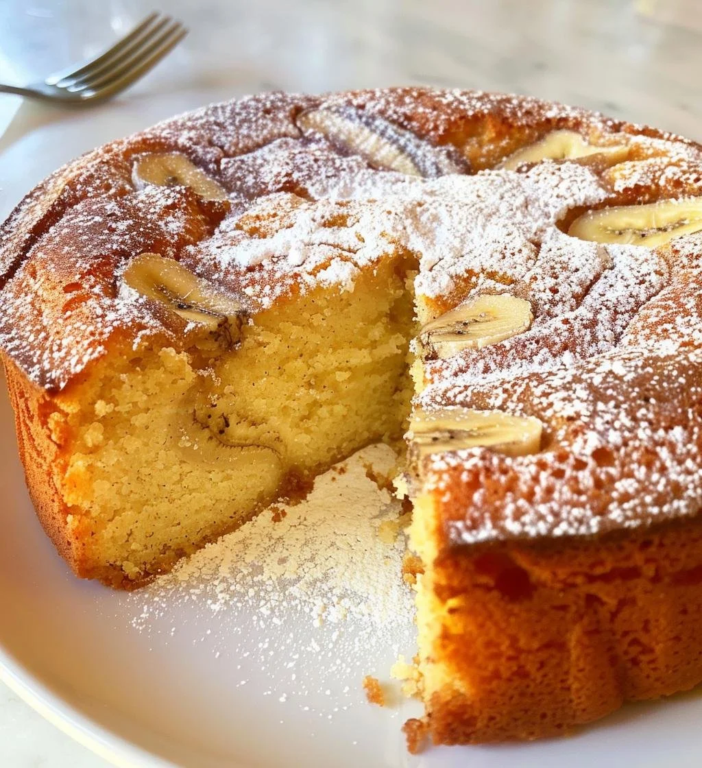 Delicious homemade banana cake topped with fresh bananas and frosting.