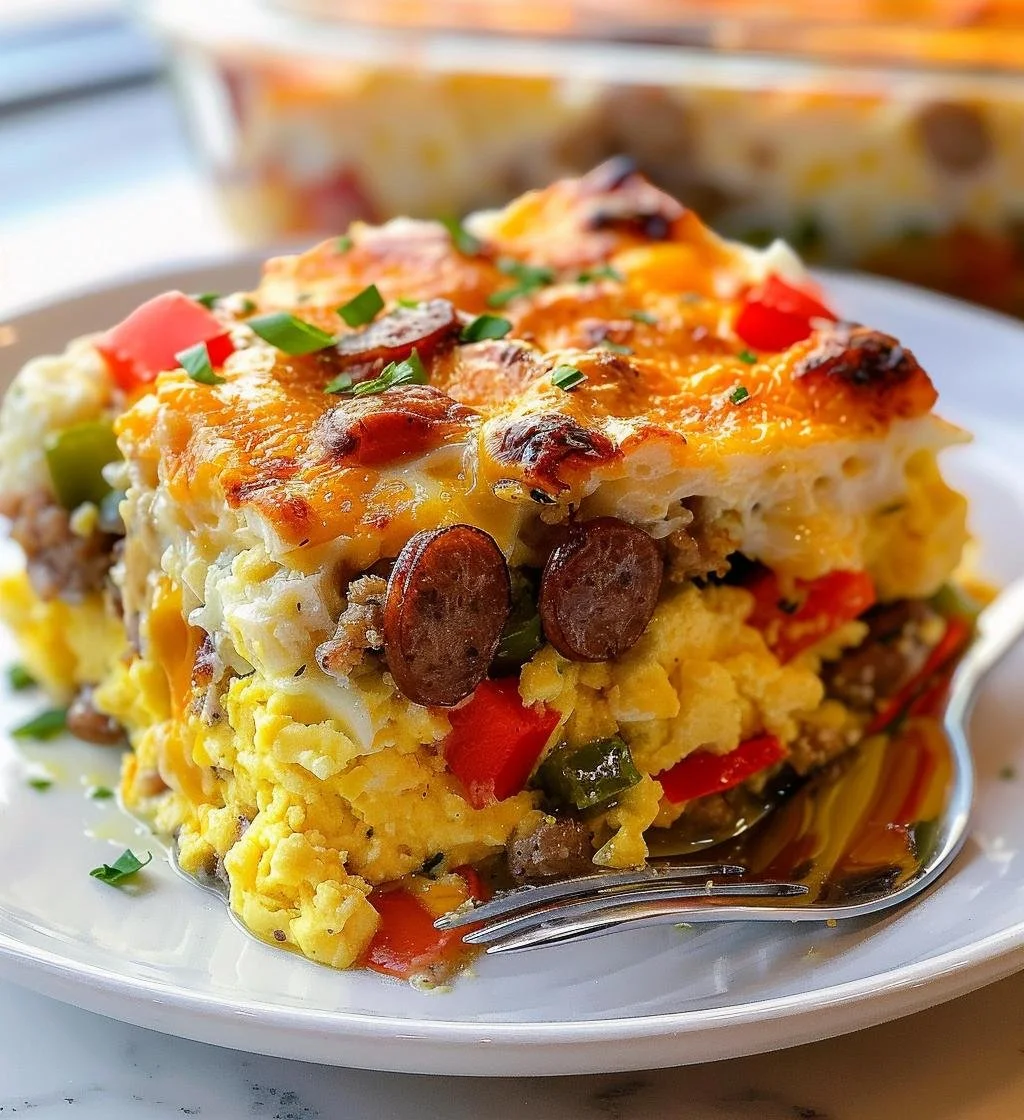 Delicious Sausage and Egg Casserole topped with cheese and herbs