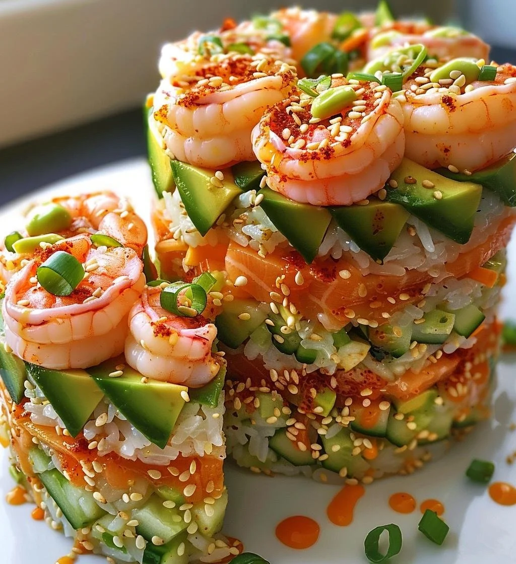 Spicy shrimp sushi stacks presented on a platter with colorful garnishes.