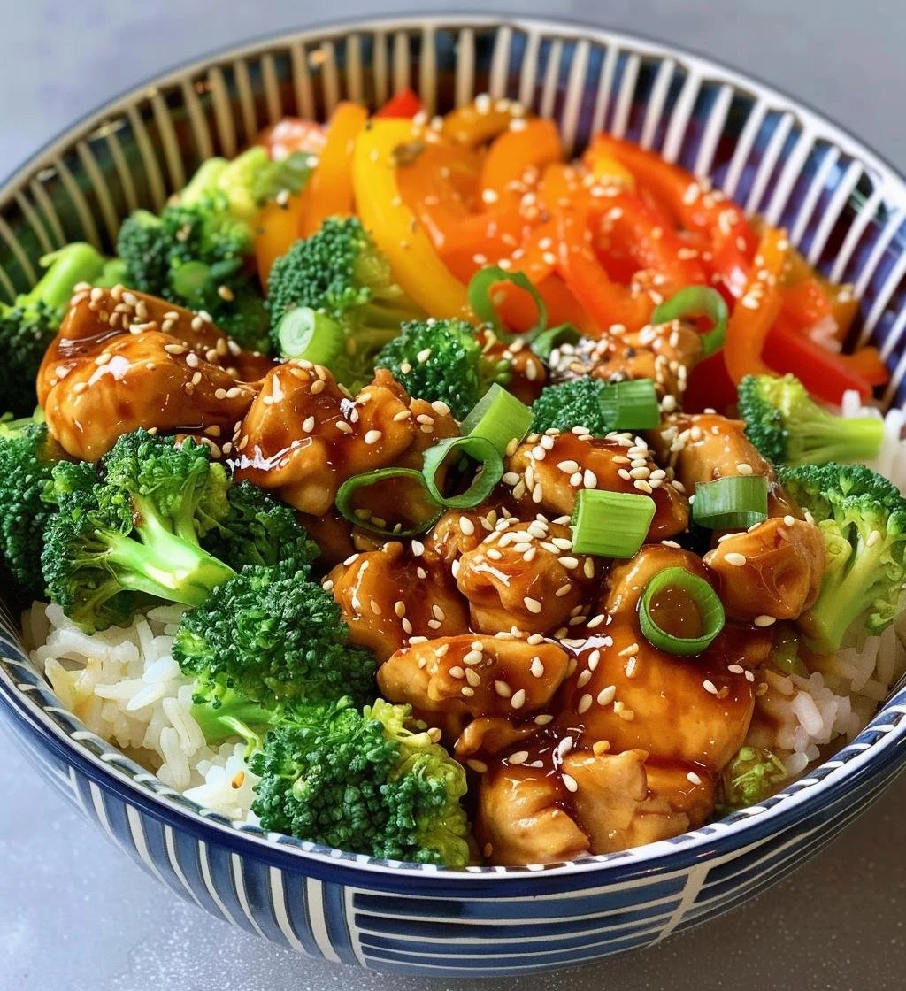 Delicious teriyaki chicken bowl with fresh vegetables and rice