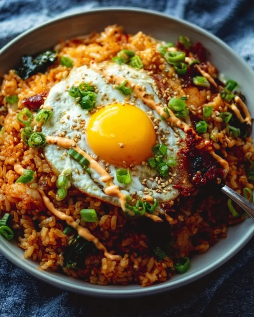 Delicious kimchi fried rice served with gochujang aioli on a plate.