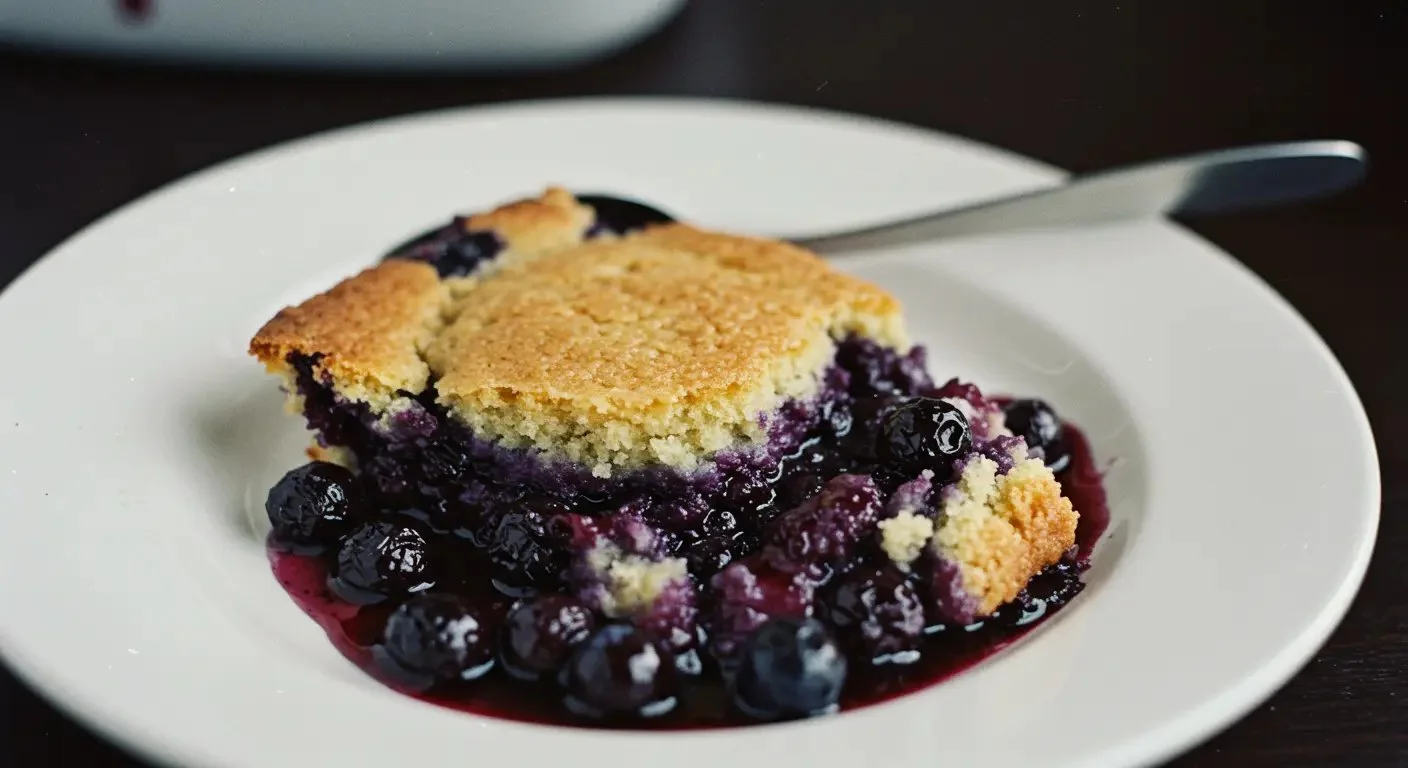 A delicious blueberry cobbler served in a dish with fresh blueberries on top.